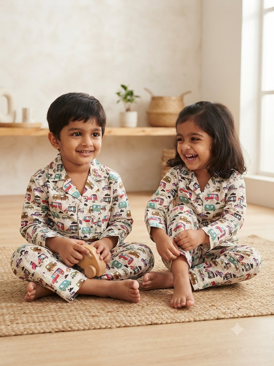 Tiny Wheels Cambric Cotton Unisex Night Suit