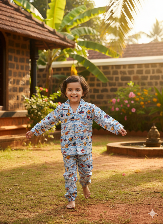 Space Ship Cambric Cotton Night Suit