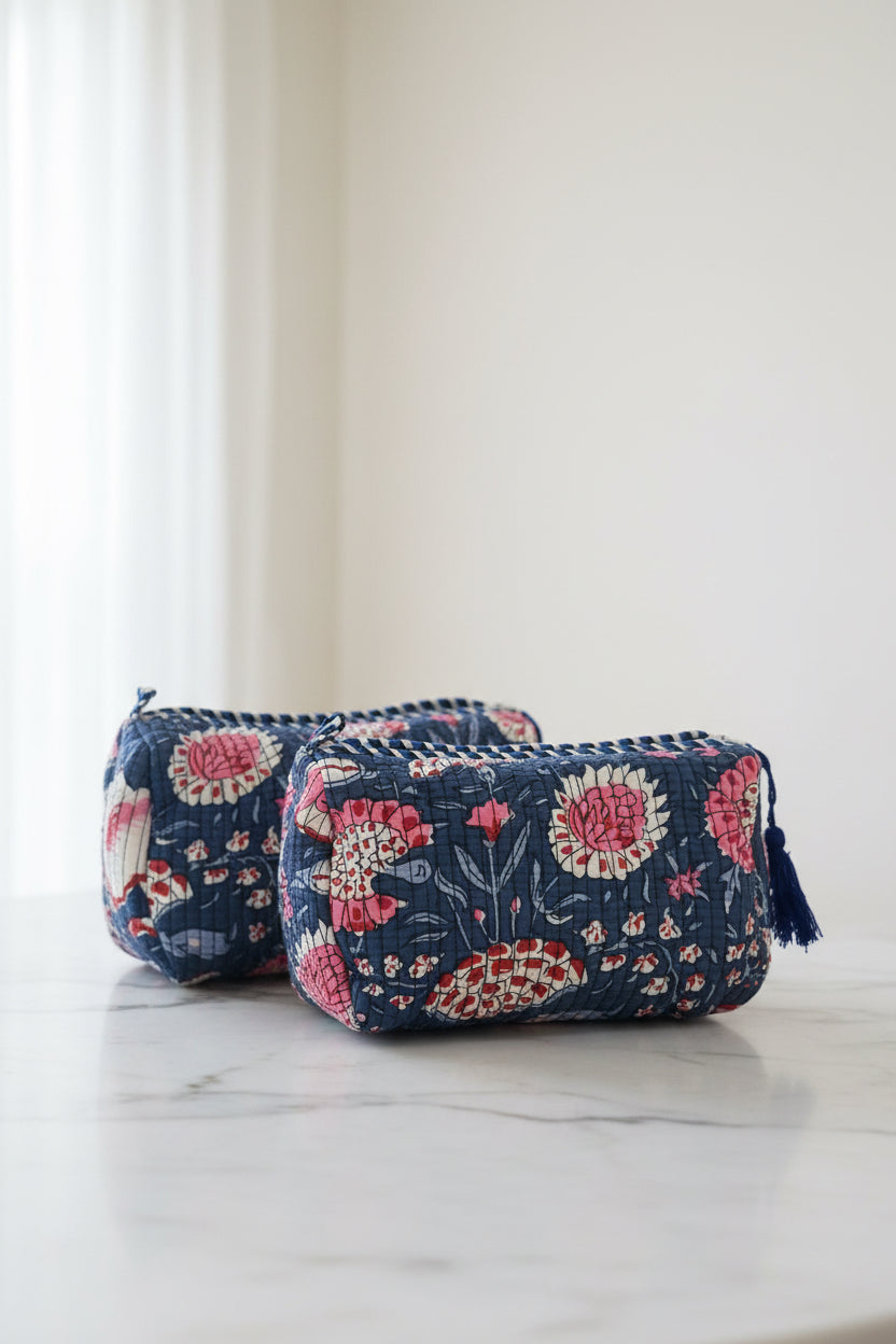 Blue Floral Cotton Pouch Set of 2