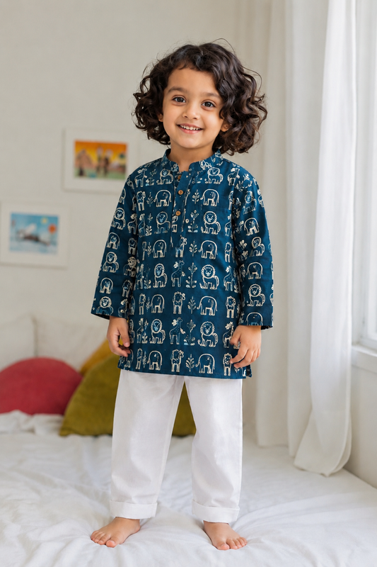 Navy Blue Cotton Kurta Pyjama Set