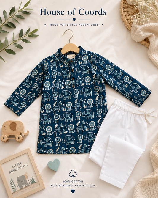 Navy Blue Cotton Kurta Pyjama Set