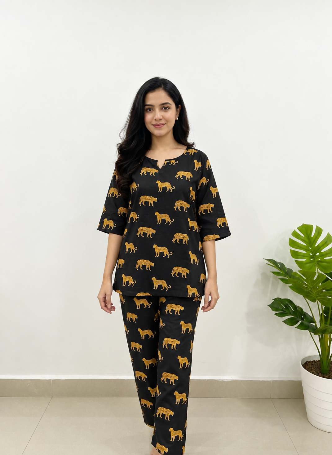 Leopard Print Women Cotton Pyjama Night Suit