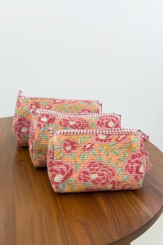 Pink Floral Cotton Pouch Set of 3