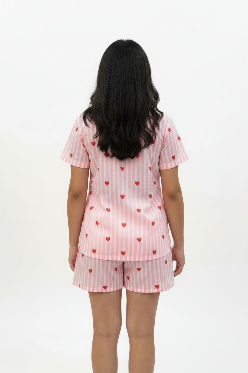Pink Striped Heart Print Cotton Night Suit for Women