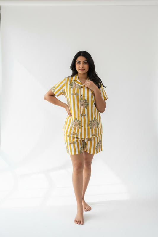 Yellow Striped Cotton Night Suit for Women