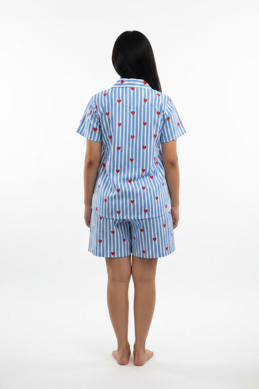 Blue Striped Heart Print Cotton Night Suit for Women