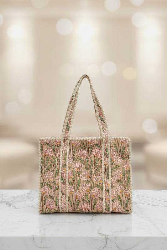 Beige Floral Handblock Tote Bag