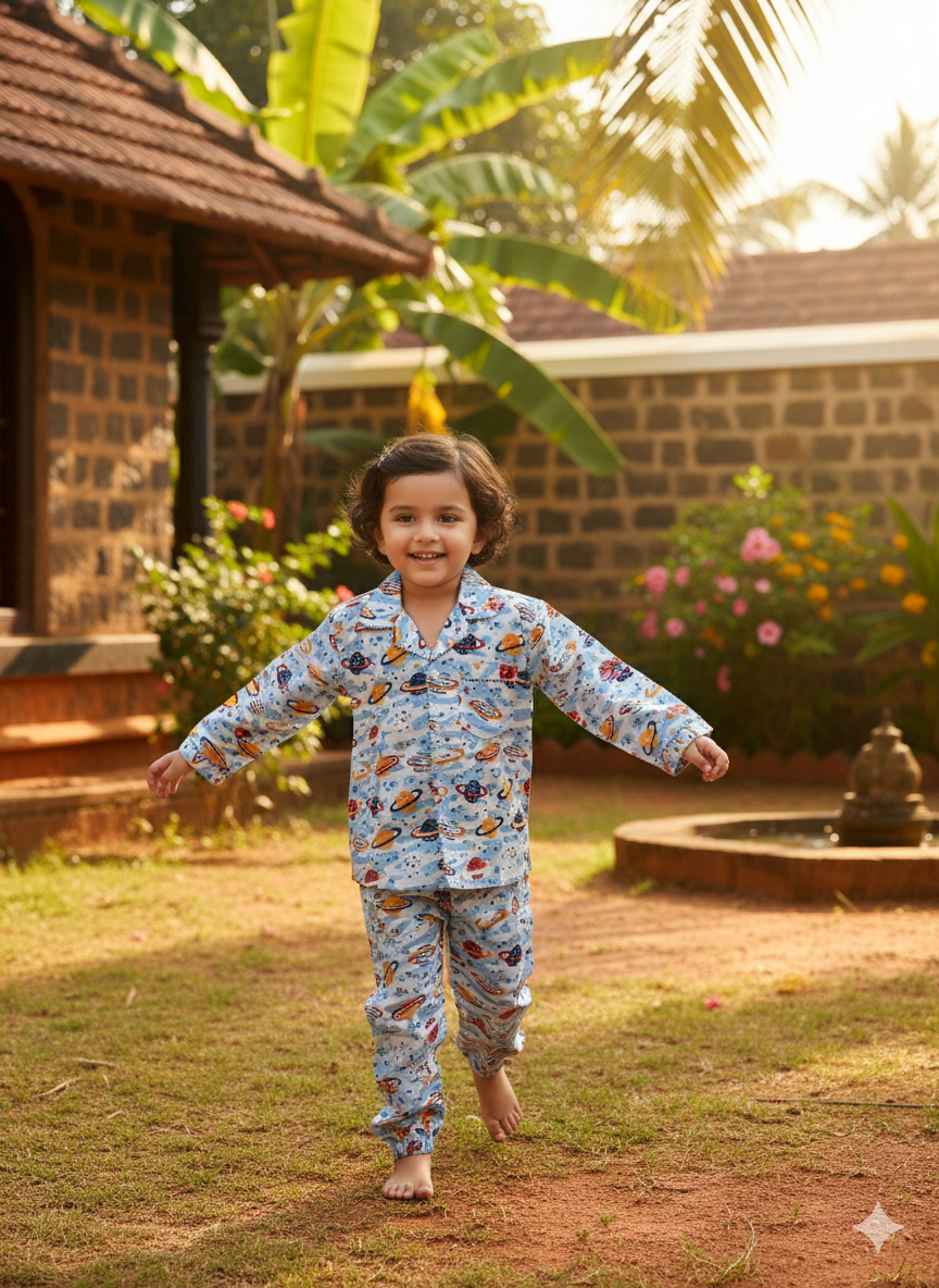 Space Ship Cambric Cotton Night Suit