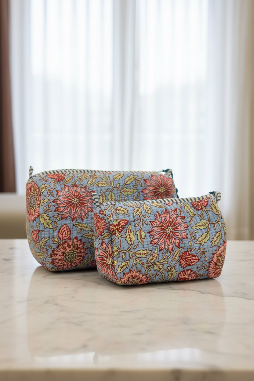 Sky Blue Floral Cotton Pouch Set of 2