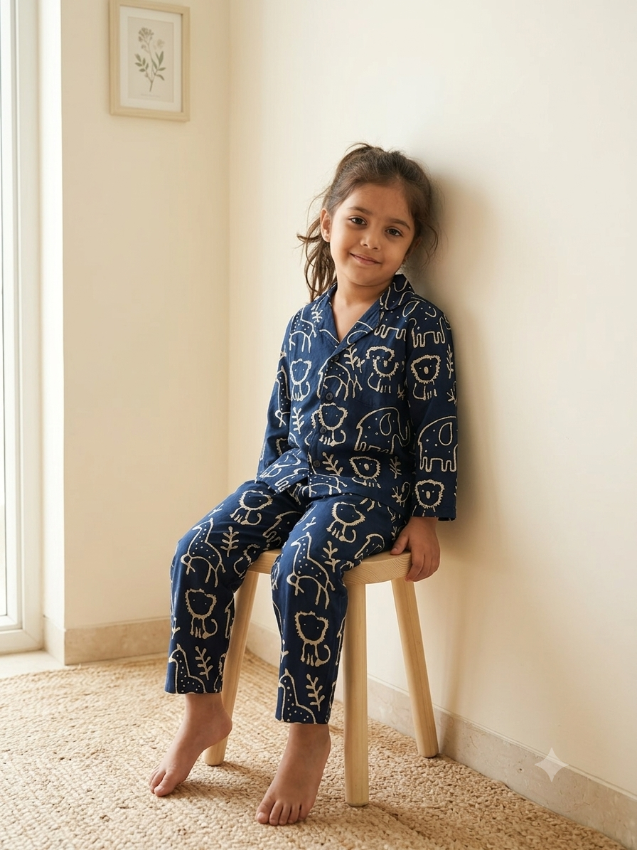 Indigo Animal Print Cotton Night Suit