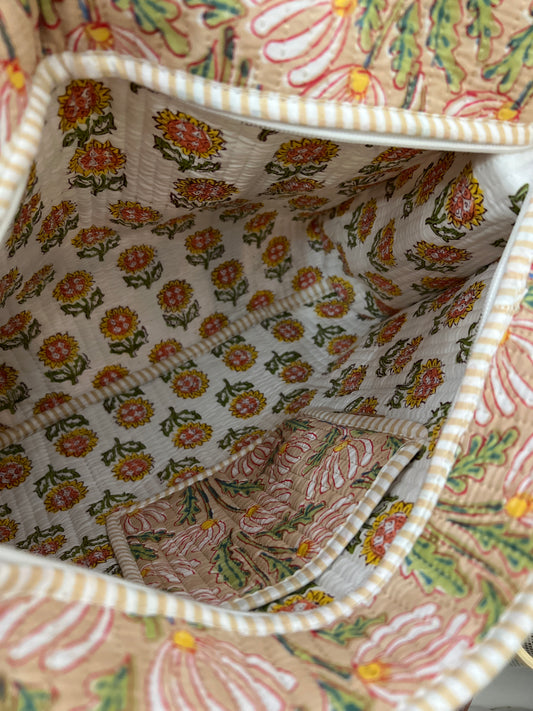 Beige Floral Handblock Tote Bag
