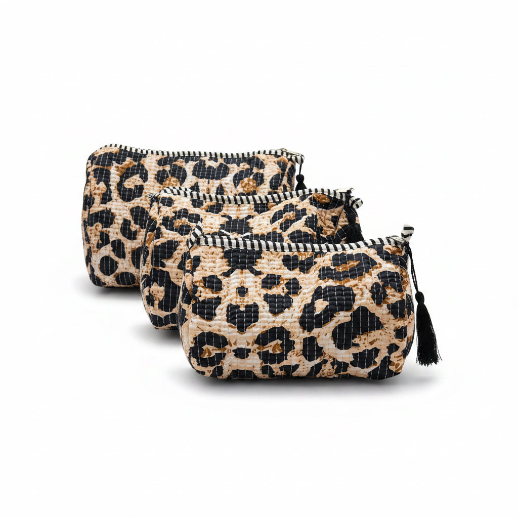 Leopard Print Cotton Pouch Set of 3