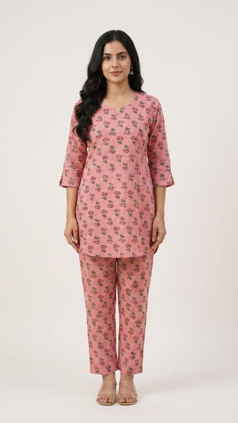 Pink Flora Women Cotton Pyjama Night Suit