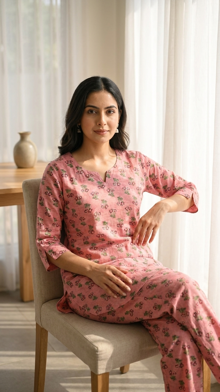 Pink Flora Women Cotton Pyjama Night Suit