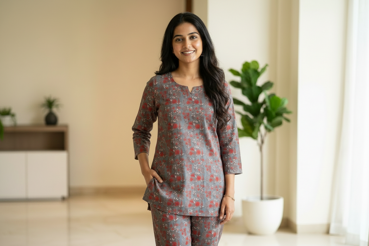 Grey and Red Floral Women Cotton Pyjama Night Suit