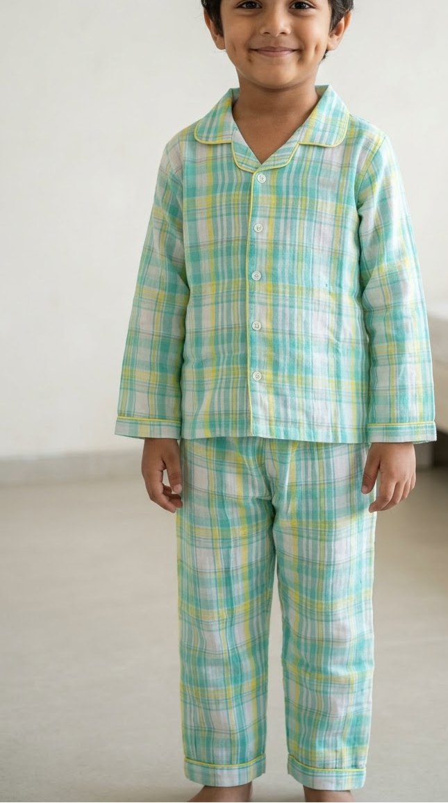 Aqua Meadow Muslin Night  Suit